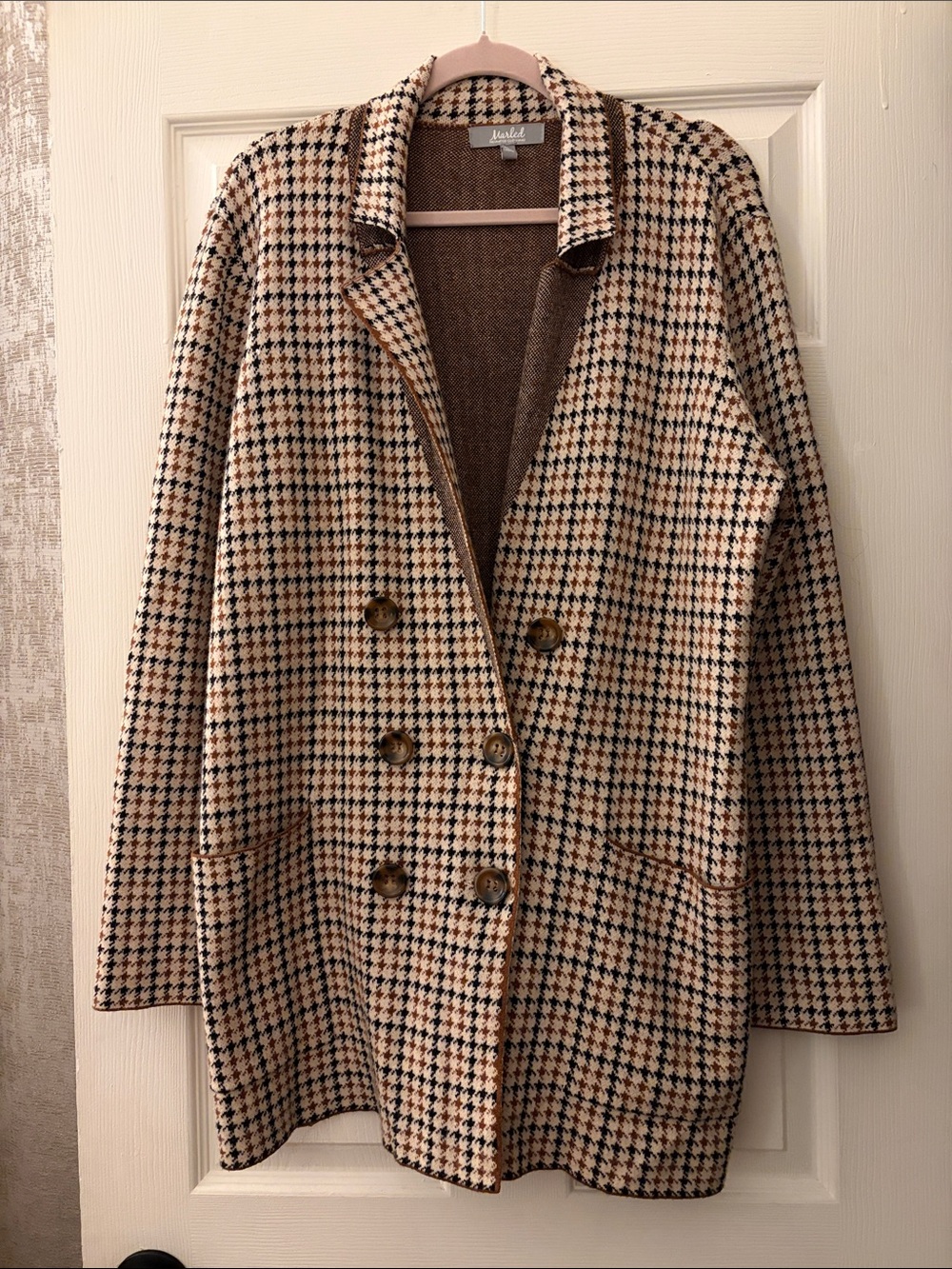 Isabel Marant Tan, Brown & Black Houndstooth Double-Breasted Blazer